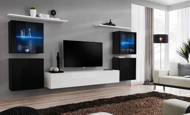Unité murale étagères murales blanches Meuble TV Buffet complet Mobilier laqué brillant