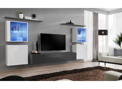 Ensemble de 7 pièces composé d'une unité murale, d'un bahut de luxe, d'un meuble TV, d'une faible armoire basse, d'étagères murales et d'une armoire murale.