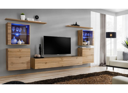 Ensemble de luxe composé de 7 pièces. Armoire murale de salon, étagères murales en bois, groupe de mobilier.
