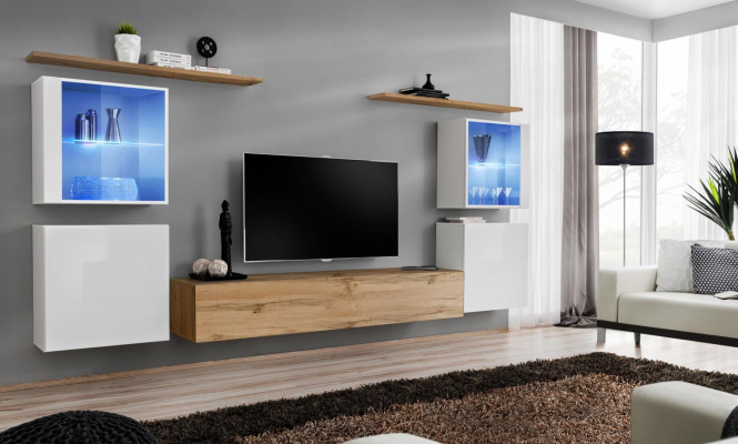 Ensemble complet de meuble TV Braun 4 pièces, mobilier de salon design, étagères murales.