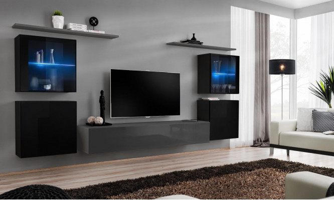 Ensemble de meubles de salon 7 pièces, buffet de luxe gris, unité murale nouvelle de designer.