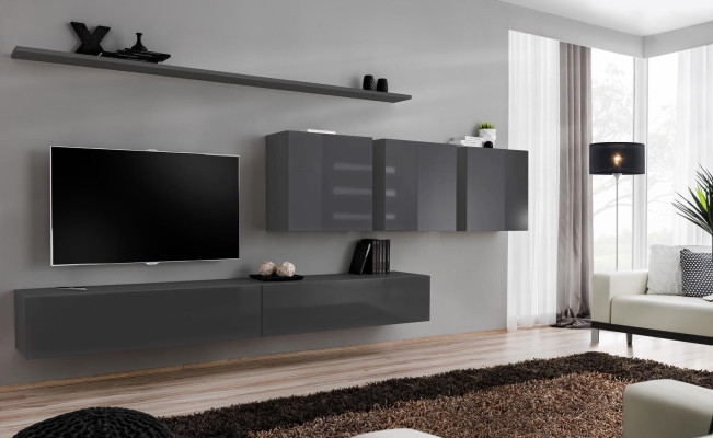 Unité murale grise moderne, meuble TV design, buffet bas, buffet en bois, armoire murale