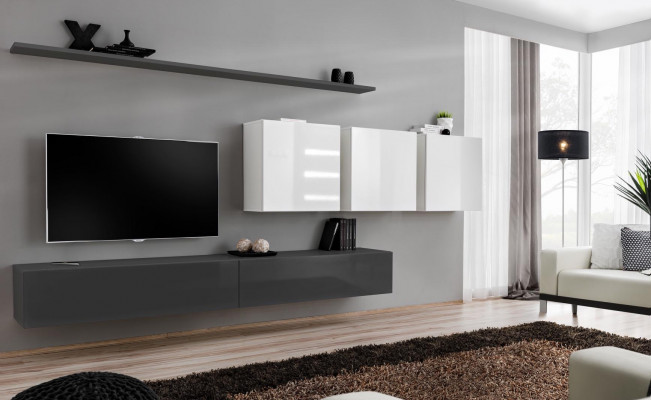 Meuble mural en bois gris, buffet TV design, commode laquée brillante, placard mural