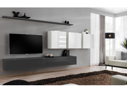 Meuble mural en bois gris, buffet TV design, commode laquée brillante, placard mural