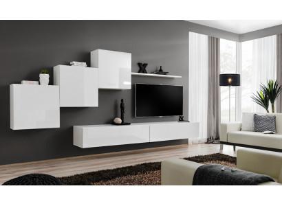 Unité murale blanche avec support TV, buffet, étagères complètes pour salon moderne en bois nouveau.