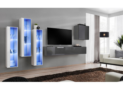Unité murale - Support TV moderne gris avec finition brillante en bois pour ameublement ensemble.