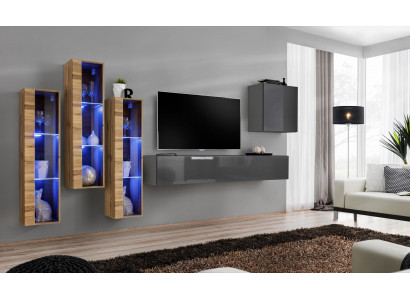 Unité murale de luxe en gris laqué brillant, meuble TV, bahut design pour salon.