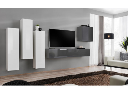Suite Ensemble mural Salon complet Buffet latéral gris Meuble TV bas Armoire murale