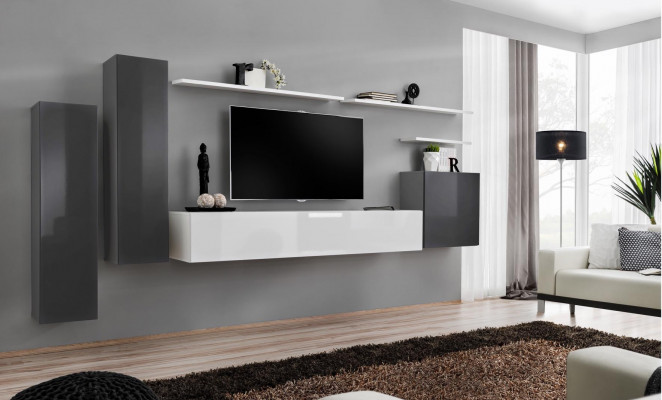 Unité murale pour salon en gris, meuble design de luxe, support TV en bois, étagère murale complète