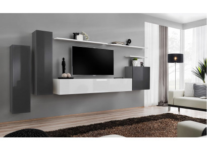 Unité murale pour salon en gris, meuble design de luxe, support TV en bois, étagère murale complète