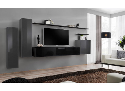 Salon de luxe avec des meubles design modernes, unité murale grise pour la télévision, meuble TV, étagère murale.