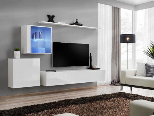 Ensemble complet d'unité murale TV, table basse, bahut de luxe blanc laqué neuf du designer.