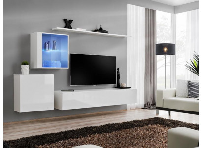 Ensemble complet d'unité murale TV, table basse, bahut de luxe blanc laqué neuf du designer.