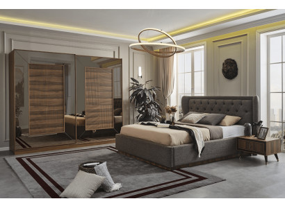 Ensemble de chambre à coucher Lit rembourré 2x Tables de chevet Armoire Ensemble de 4 pièces