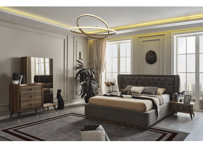 Ensemble de chambre moderne Lit de designer 2x Tables de chevet Commode Miroir