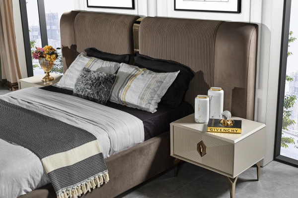 Ensemble de chambre marron Designer Lit double 2x Tables de chevet Meubles de luxe