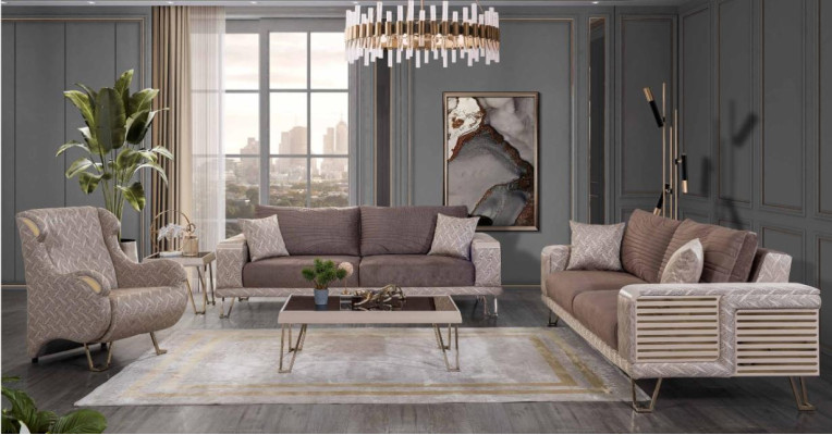 Ensemble de canapé marron-beige 3+3+1 places Table basse design Table d'appoint.