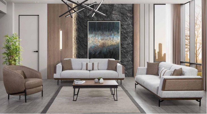 Ensemble de canapé gris-brun 3+3+1 place Ensemble de salon + Table basse de luxe