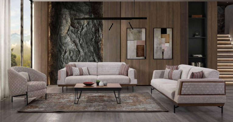 Canapé taupe 3 places + 3 places + 1 place, set de salon, table basse, canapés modernes