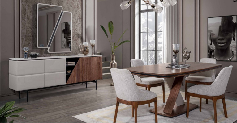 Suite de salle à manger brun-gris Table à manger 4x Chaises Commode Miroir 7 pièces