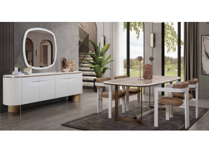 Salle à manger Ensemble Table de salle à manger 4x Chaises Commode Miroir Ensemble moderne Blanc Ensemble de salle à manger