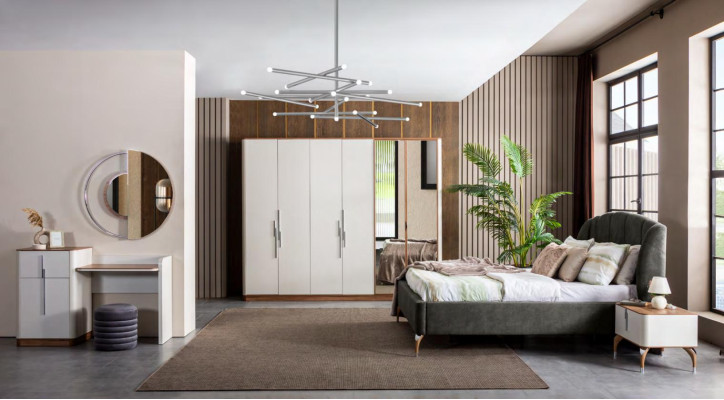 Ensemble de chambre moderne Lit 2x Tables de chevet Coiffeuse avec miroir Armoire nouvelle