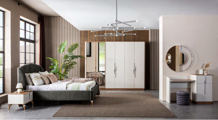 Ensemble de chambre moderne Lit 2x Tables de chevet Coiffeuse avec miroir Armoire nouvelle