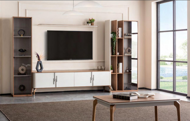 Salle de séjour Ensemble mural TV Meuble bas Étagère Design de luxe Ensemble de 4 pièces Mobilier moderne neuf