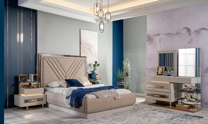 Lit double Complet e Chambre Lit Beige 4 pièces Bois Coiffeuse