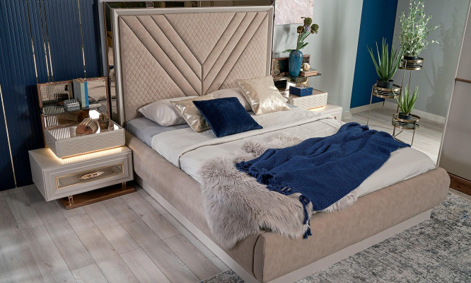 Lit double Complet e Chambre Lit Beige 4 pièces Bois Coiffeuse