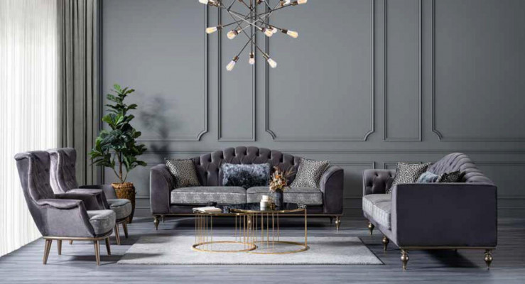 Canapé trois places Chesterfield gris rembourré, canapés design modernes.