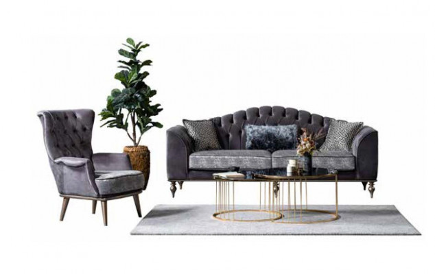 Canapé trois places Chesterfield gris rembourré, canapés design modernes.