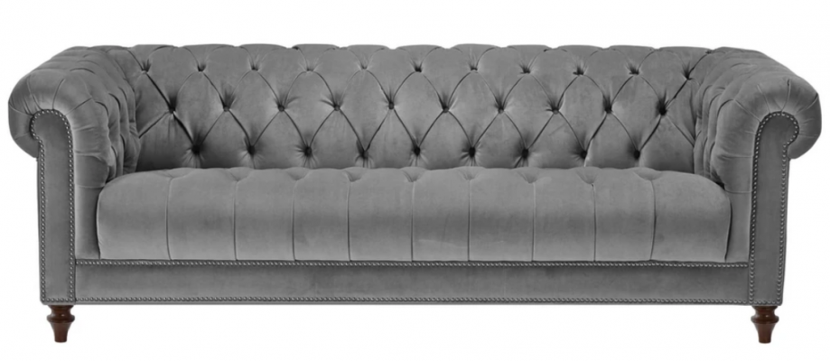 Trois canapés de salon en tissu gris à trois places design Chesterfield en tissu.