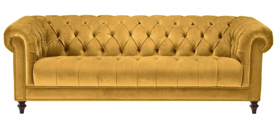 Trois canapés de salon jaunes en tissu 3 places Design Chesterfield en tissu de salon