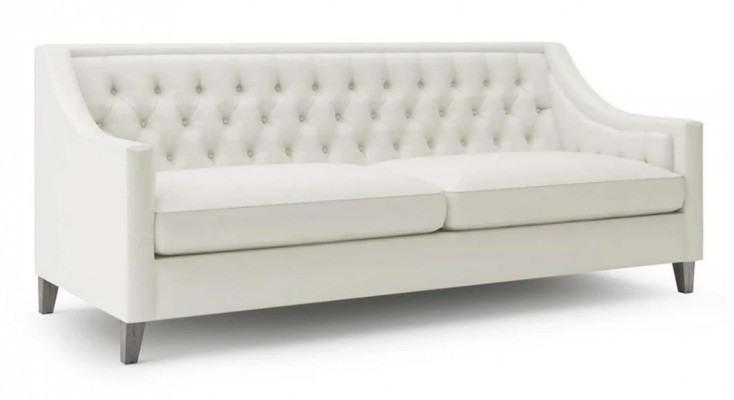 Canapé Chesterfield design moderne trois places blanc en textile, nouveau meuble original.