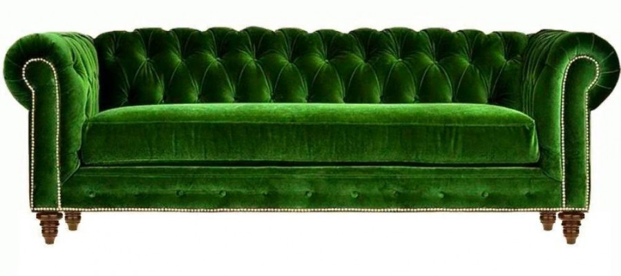Original Chesterfield canapé moderne trois places en velours vert tissu d'ameublement.