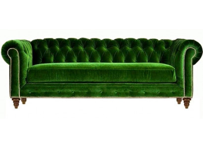 Original Chesterfield canapé moderne trois places en velours vert tissu d'ameublement.