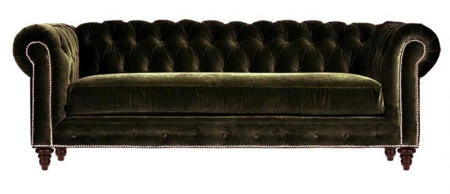 Original Chesterfield canapé moderne trois places en velours vert tissu d'ameublement.