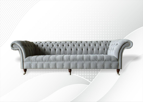 Grand canapé gris Chesterfield 265cm, canapé en cuir 4 places rembourré