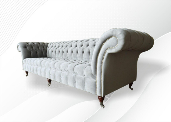 Grand canapé gris Chesterfield 265cm, canapé en cuir 4 places rembourré