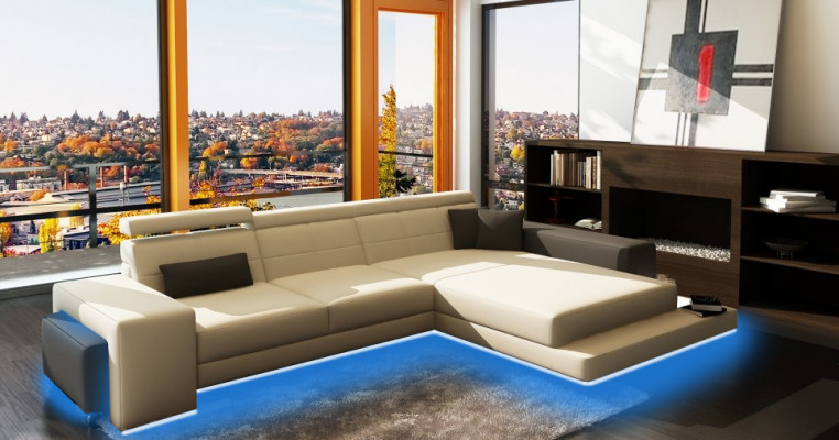 Canapé d'angle + USB Rembourrage Canapé Paysage vivant Siège Eck Suite Cuir Textile Geroda