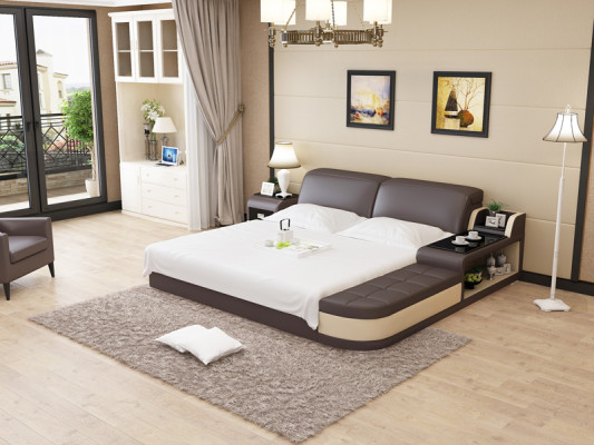 Design Tapisserie Lit Double Chambre Moderne Lits 200x210cm + USB & Étagère