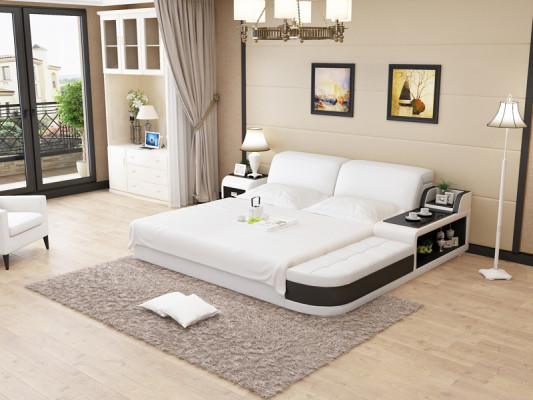 Design Tapisserie Lit Double Chambre Moderne Lits 200x210cm + USB & Étagère
