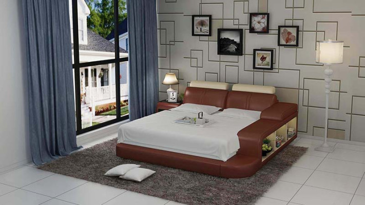 Lit double rembourré design avec USB et étagère 180x200cm