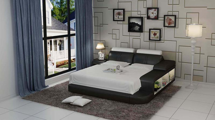Lit double rembourré design avec USB et étagère 180x200cm