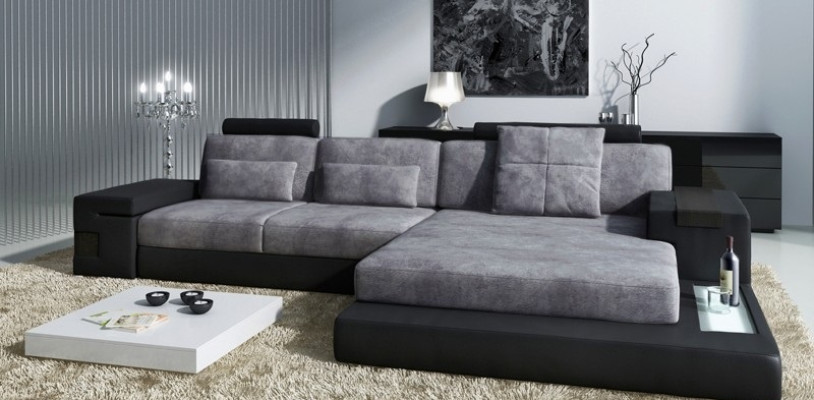 Canapé en cuir d'angle en tissu textile de forme L Grand canapé-lit paysager XXL.