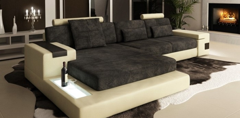 Canapé en cuir d'angle en tissu textile de forme L Grand canapé-lit paysager XXL.