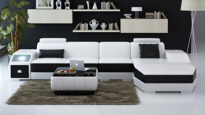 Canapé d'angle en cuir moderne pour salon, design et décoration de suite d'angle de canapé-coffre vivant