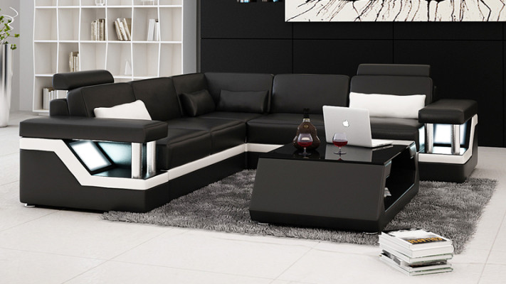 Canapé d'angle de salon en cuir avec un design moderne pour la décoration d'intérieur.