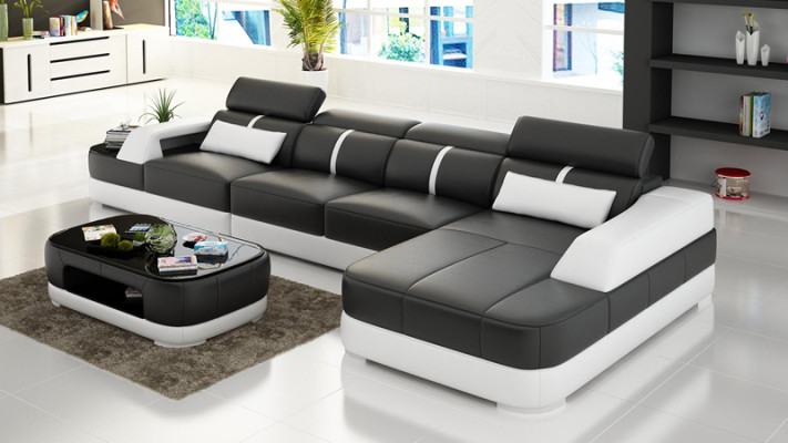Canapé en cuir Assise Rembourrage Design Moderne Canapé d'angle Suite Salon Paysage de vie + Table